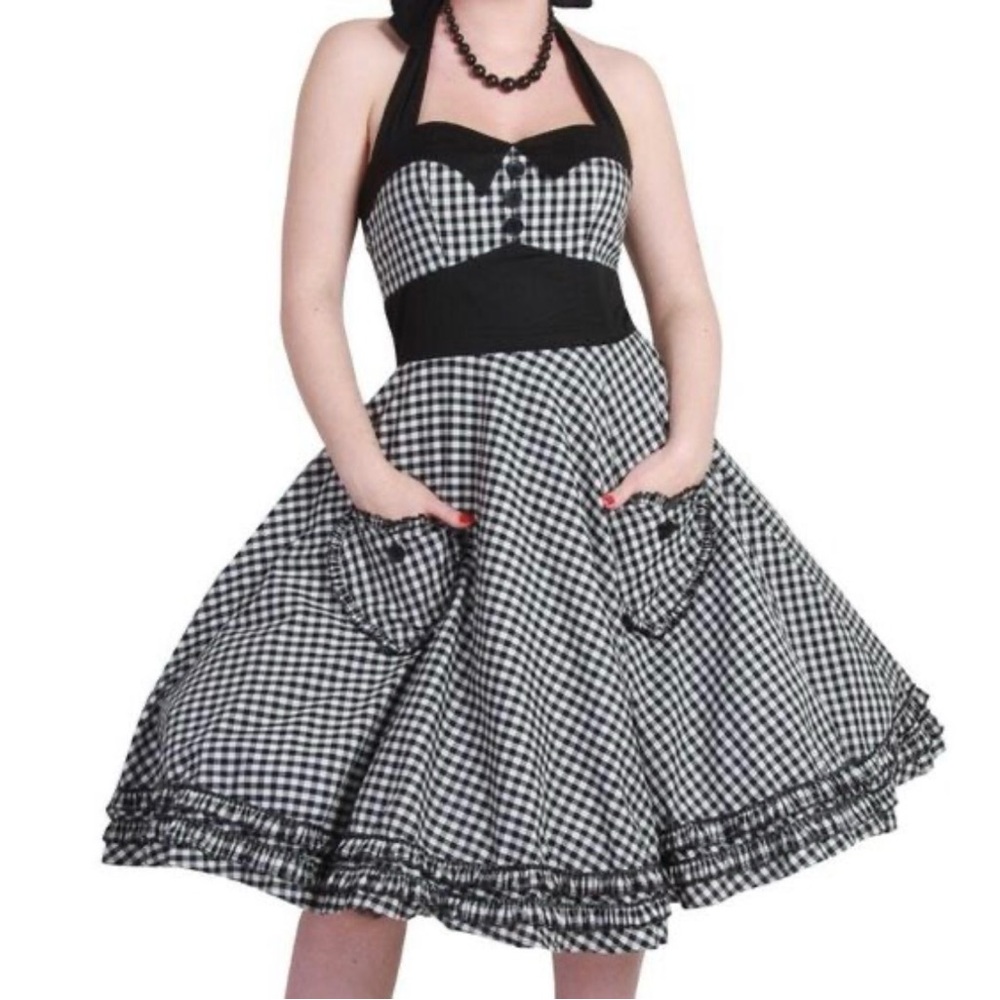 Hell Bunny Black Gingham Heart Pocket Swing Dress S